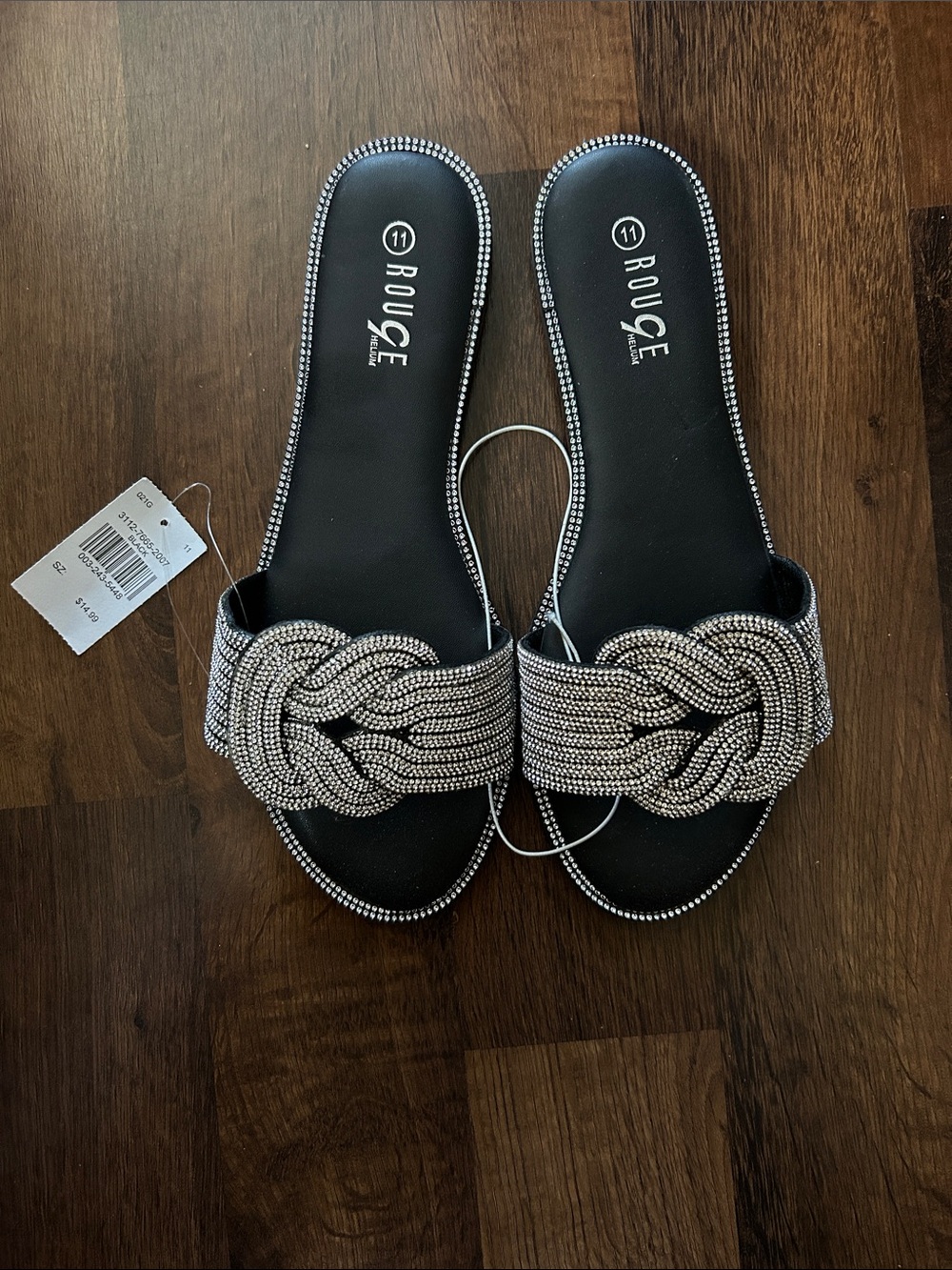 NWT Rouge Helium Black Slide Sandals with Silver Crystal Knot